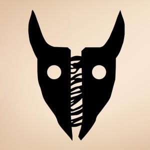 May include: A black graphic design of a stylized horned creature's head. The design features two white circles for eyes and a zebra-striped pattern in the center. The background is a solid beige color.