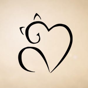 May include: A black line drawing of a cat curled up inside a heart shape.