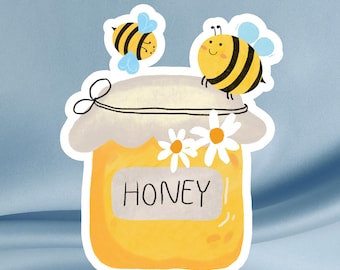 Sticker pot de miel et abeilles kawaii : autocollant en vinyle imperméable