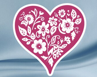 Adhesivo de vinilo con forma de corazón floral – Calcomanía de flor rosa, adhesivo impermeable para portátil