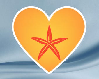 Sticker oranje hart zeester • Vinylsticker kuststrand