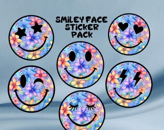 Floral Smiley Face Sticker Pack: Waterproof Vinyl Stickers