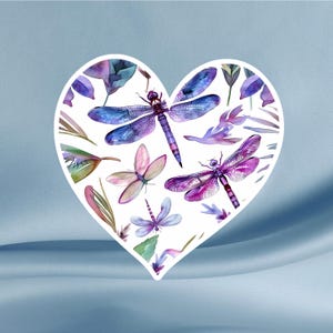 Pegatina de corazón de libélula de acuarela: Pegatina caprichosa de libélula y hoja para diarios, portátiles, vasos, agendas, cuadernos, Kindle y revistas.