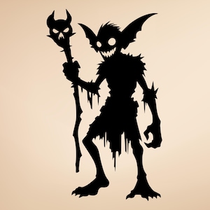 May include: A black silhouette of a goblin-like creature with pointed ears, sharp teeth, and a staff topped with a skull. The creature is wearing tattered clothing and has a menacing expression. The background is a solid beige color.