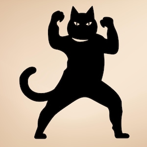 Puede incluir: Silueta negra de un gato en posición de combate, con los brazos levantados y los puños cerrados. El gato tiene orejas puntiagudas, una cola curvada y una expresión sonriente. El fondo es de color beige claro.