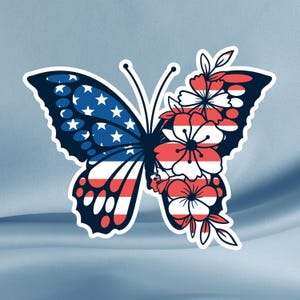 Patriotic Butterfly Flower Sticker – American Flag Wings & Red White Blue Floral Design – 4th of July for Laptops, Water Bottles, Journals