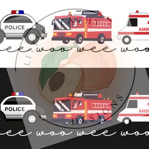Puede incluir: Ilustración digital de vehículos de emergencia: un coche de policía, un camión de bomberos y una ambulancia. El coche de policía es blanco y negro con "POLICE". El camión de bomberos es rojo, y la ambulancia es blanca con una cruz roja y "AMBULANCE". El texto "wee woo" está presente.