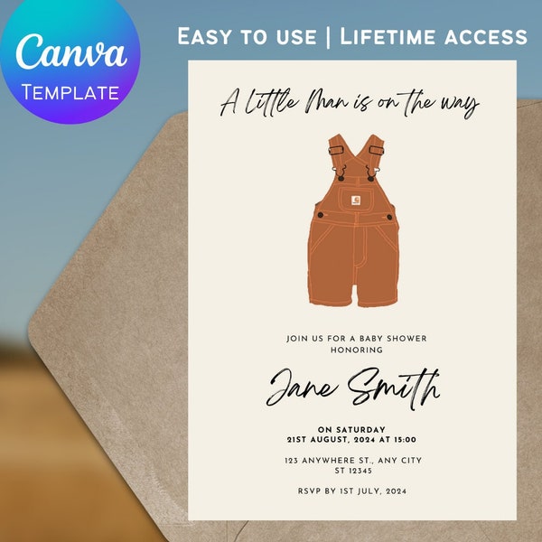 Simple Little Man Country Overall Baby Shower Invitation | Carhart+ Inspired Baby | Digital Instant Download | Canva Template