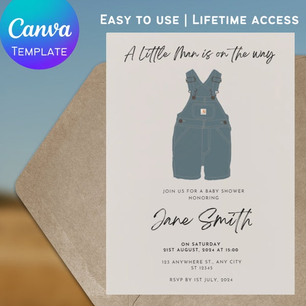 Simple Little Man Country Blue Jean Overall Baby Shower Invitation | Carhartt Inspired Baby | Digital Instant Download | Canva Template