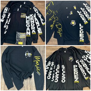 May include: Five black long-sleeve shirts with white text on the sleeves and back. The text on the sleeves includes names like "Crystal", "Kendr", "Vance", "Megan", and "Maric". The text on the back includes "Leonard County Sheriff's Office" and "911".