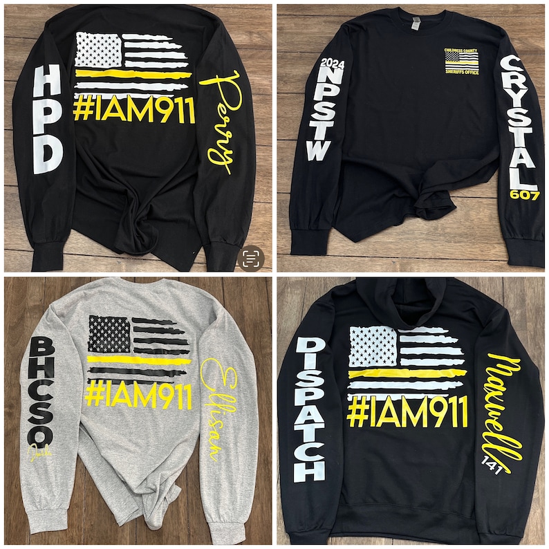 911 dispatcher personalized long sleeve shirt
center name
center 
your name cursive
IAM911 and flag