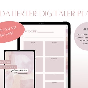 Könnte beinhalten: Ein digitaler Planer mit einem rosa-weißen Aquarellhintergrund. Der Planer ist undatiert und enthält ein wöchentliches Layout mit Platz für jeden Tag der Woche. Der Planer ist im A4-Format mit Hyperlinks für Goodnotes und Notability erhältlich.