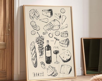 Wine and Cheese Kitchen Poster, Digital Download, Hand Drawn French Wine&Charcuterie Board Print, Bar Wall Art, Dining Room Decor
