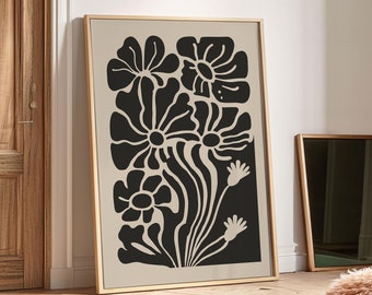 Beige Black Flower Print, Moody Abstract Flower Wall Decor, Digital Download, Retro Living Room Decor, Botanical Poster, Matisse Wall Art