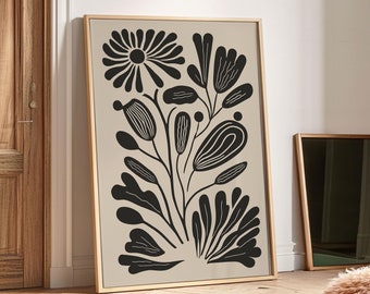 Beige Black Flower Print, Moody Abstract Flower Wall Decor, Digital Download, Retro Living Room Decor, Botanical Poster, Matisse Wall Art