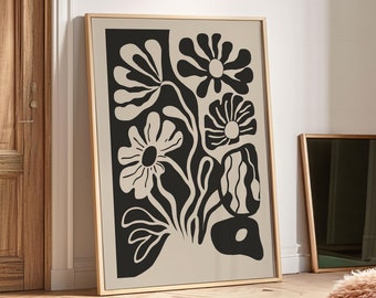 Beige Black Flower Print, Moody Abstract Flower Wall Decor, Digital Download, Retro Living Room Decor, Botanical Poster, Matisse Wall Art
