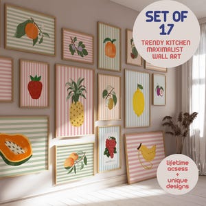 Fun Eclectic Fruit Gallery Wall Set, Trendy Maximalist Home Decor, Preppy Kitchen Wall Art, Dopamine Wall Art, Digital Download