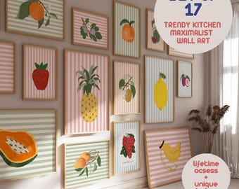Fun Eclectic Fruit Gallery Wall Set, Trendy Maximalist Home Decor, Preppy Kitchen Wall Art, Dopamine Wall Art, Digital Download