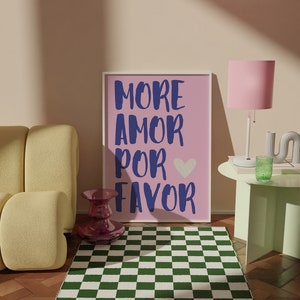 Maximalist Wall Art, Mor Amor Por Favor Poster, Modern Kleurrijk Eclectisch Home Decor, Love Quote, Levendige Kleuren, Roze Groot Formaat Poster