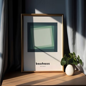 Bauhaus Dark Green Geometric Poster Print, Abstract Mid Century Modern Poster, Minimalist Retro Wall Art, Office Wall Decor