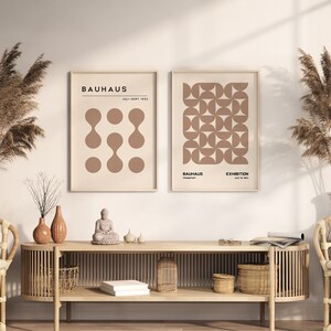 Set med 2 jordfärgade neutrala geometriska Bauhaus-affischer, set med 2 abstrakta Bauhaus-tryck, kontorsinredning, digital nedladdning