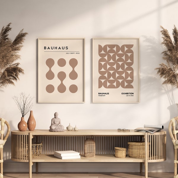 Set of 2 Earthtones Neutral Geometric Bauhaus Poster, Set of 2 Abstract Bauhaus Print, Office Decor, Digital Download