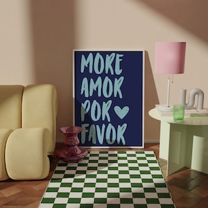 Arte de pared maximalista, cartel de Mor Amor Por Favor, decoración del hogar ecléctica colorida moderna, cita de amor, colores vivos, cartel de tamaño grande rosa