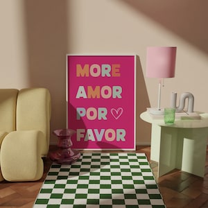 Arte de pared maximalista, cartel de Mor Amor Por Favor, decoración del hogar ecléctica colorida moderna, cita de amor, colores vivos, cartel de tamaño grande rosa