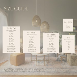 May include: A room interior with a neutral color palette, featuring a size guide for print ratios. The guide lists various print sizes in inches and centimeters, including 4"x6", 8"x12", and 10cm x 15cm. Two woven pendant lights hang from the ceiling.