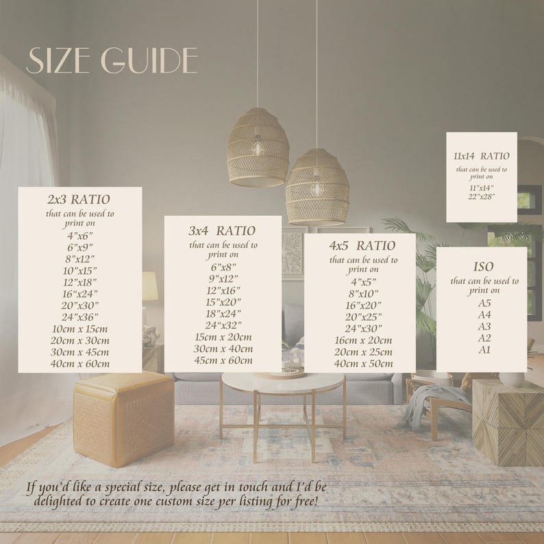 May include: A room interior with a neutral color palette, featuring a size guide for print ratios. The guide lists various print sizes in inches and centimeters, including 4"x6", 8"x12", and 10cm x 15cm. Two woven pendant lights hang from the ceiling.