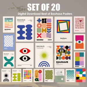 Paquete de 20 carteles geométricos abstractos de la Bauhaus, decoración del hogar de moda, juego de pared de galería, estilo moderno de mediados de siglo, descarga digital de alta calidad
