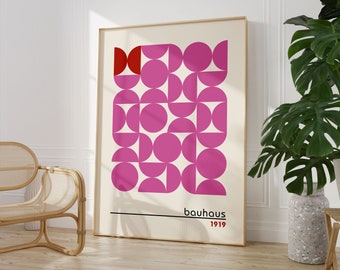 Bauhaus Poster Print, Bauhaus Printable Exhibition Poster, Pink Geometric Wall Art, Mid Century Modern, Retro Decor, Minimalist Wall Art