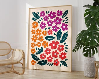 May include: A digital art print featuring a colorful floral pattern with orange, red, and purple flowers and green leaves on a cream background.