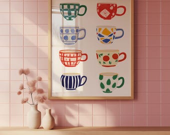 Printable Tea Coffee Cups Print, Vintage Tea Cup Poster, Trendy Drink Print, Coffee Shop Wall Art, Kitchen Decor, Espresso Coffee Wall Art