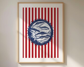 Sardines Retro Poster, Printable Coastal Home Decor, Modern Vintage Food Illustration, Kitchen Decor, Trendy Wall Art