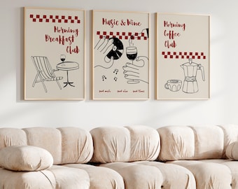 Afdrukbare keukenset van 3, ontbijtposter, trendy print eten en drinken, handgetekende keukenprints, digitale download, koffiewijn kunst aan de muur