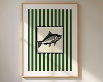 Green Striped Sardines Vintage Poster, Coastal Kitchen Art (Digital Download)
