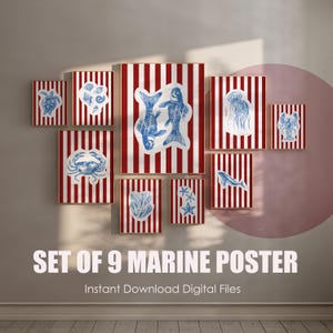 Puede incluir: Conjunto de nueve pósters imprimibles de temática marina con rayas rojas y blancas. Los pósters presentan ilustraciones de criaturas marinas, incluyendo peces, cangrejos, medusas y estrellas de mar.