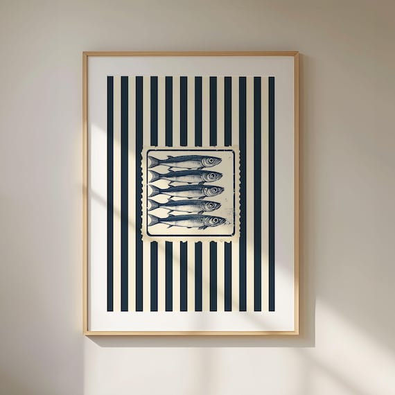 Sardines Print, Navy Blue Retro Poster, Printable Coastal Home Decor, Modern Vintage Food Illustration, Kitchen Decor, Trendy Wall Art