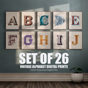 Conjunto de 26 impresiones iniciales vintage, paquete de carteles del alfabeto de una sola letra, decoración ecléctica de tipografía del hogar, decoración de la habitación de la guardería, descarga digital