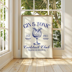Plakat Gin Tonic, drukowana sztuka ścienna na wózek barowy, modny nadruk na alkohol, pobieranie cyfrowe, wystrój kuchni, sztuka ścienna z jedzeniem, wydruk cyfrowy