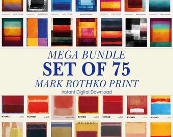 May include: A collection of 75 Mark Rothko prints, each featuring rectangular blocks of color in various hues. The prints include a range of colors, from vibrant reds and yellows to deep blues and blacks. The text "MEGA BUNDLE SET OF 75 MARK ROTHKO PRINT" is displayed.