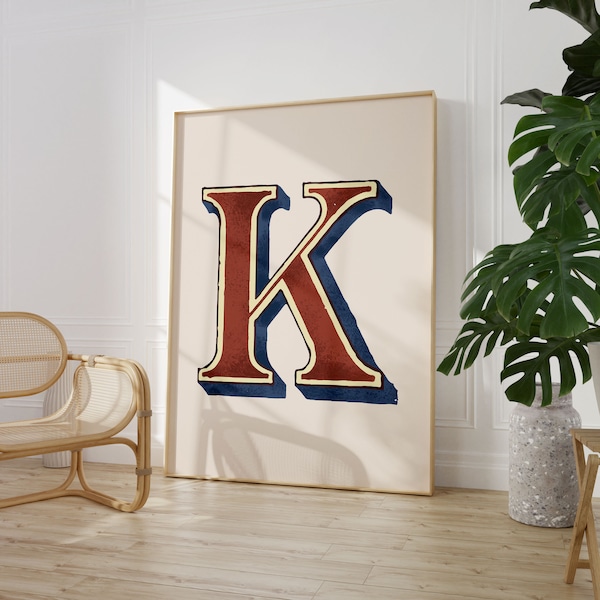 Vintage Initial Print, Single Letter Alphabet Poster, K Poster, Eclectic Home Typography Decor, Nursery Room Decor, Digital Download