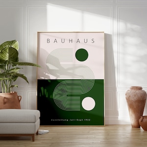 Bauhaus Geometrisches Waldgrün druckbares Ausstellungsplakat, Mid Century Modern Decor, Minimalistische Retro Wandkunst