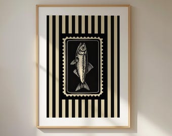 Black Sardines Retro Poster, Printable Coastal Home Decor, Vintage Food Illustration, Kitchen Decor, Trendy Wall Art