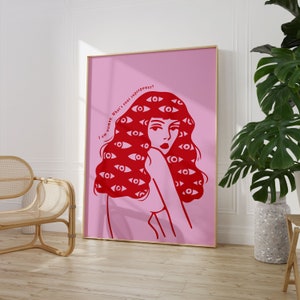 Poster citations de femmes inspirantes pop art, décoration rose et rouge, art mural éclectique moderne, couleurs vives, décoration de chambre girly