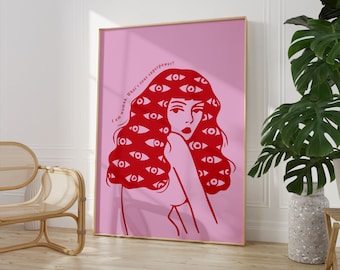 Pop Art Inspirational Woman Quotes Poster, Pink & Red Decor, Modern Eclectic Wall Art, Vivid Colors, Girly Room Decor