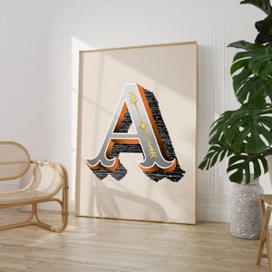 Impresión inicial vintage, cartel del alfabeto de una sola letra, un cartel, decoración ecléctica de tipografía del hogar, decoración de la habitación de la guardería, descarga digital
