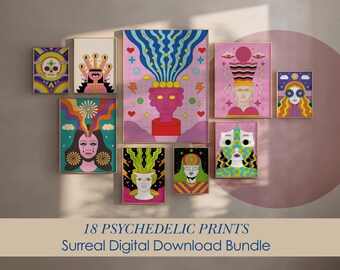Psychedelic Gallery Wall Set of 18 Poster, Unique Maximalist Wall Art, Hippie Print Digital Download, Trippy Poster, Dopamine Home Decor
