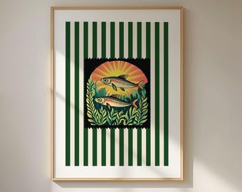 Green Striped Sardines Retro Print, Coastal Kitchen Art (Digital Download)